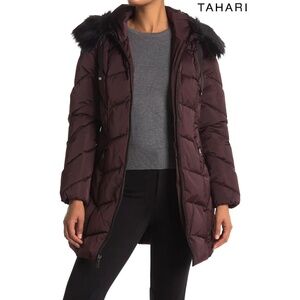 TAHARI NWT BRIE FAUX FUR TRIM HOOD CHEVRON QUILTED PUFFER MERLOT COAT. SIZE S